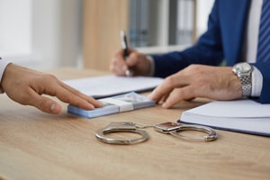 Handcuffs on a wooden office table